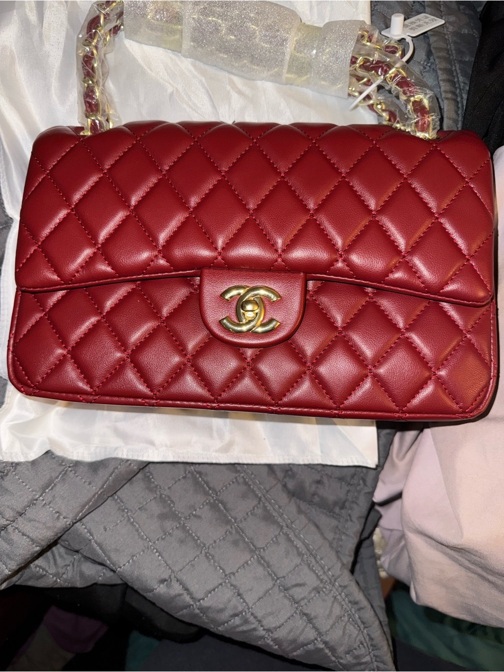 Designer Inspired Quilted Shoulder Bag in Deep Red with Gold Hardware